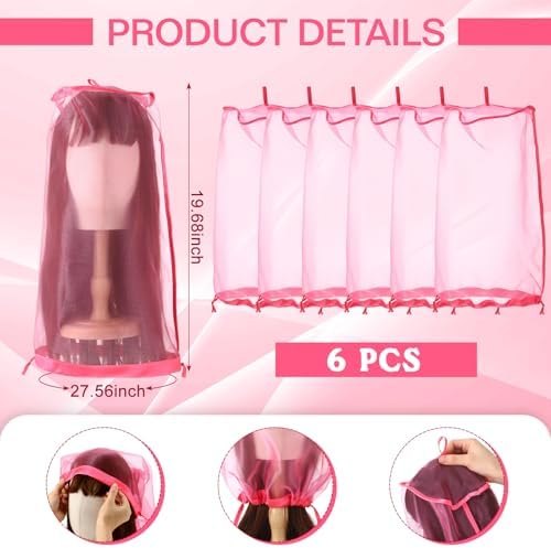 Loopeer 6 Pcs Wig Storage Bag Adjustable Wig Cover with Drawstring,Rose Red - Image 2