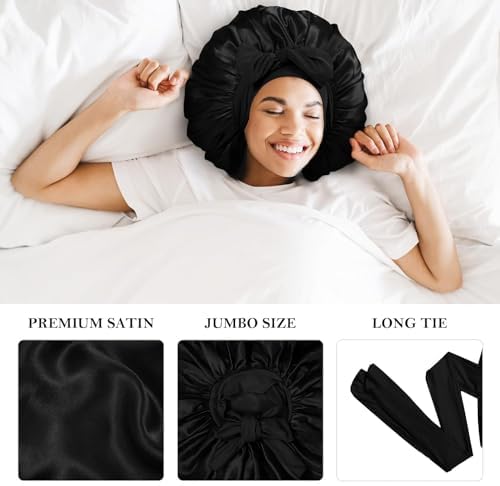 3Pcs Bonnets for Sleeping, Extra Satin Silk Bonnet for Sleeping Women with Tie Band for Curly Hair Jumbo Bonnet Braids - Image 3
