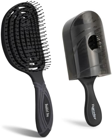 NuWay® DoubleC Pro® & Traveler® Combo (2-Brush Set) Professional Scalp Care & Detangling Hair Brushes with Patented Double Curve Design, Travel Case, Wet & Dry Hair (Midnight Black) by NuWay4Hair