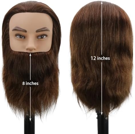 Male Mannequin Head,Training Head with 100% Human Hair 12inch Barber Mannequin Head Male Mannequin Head With Beard for Hair Styling, Practicing Cut Styling（Dark Brown） - Image 4
