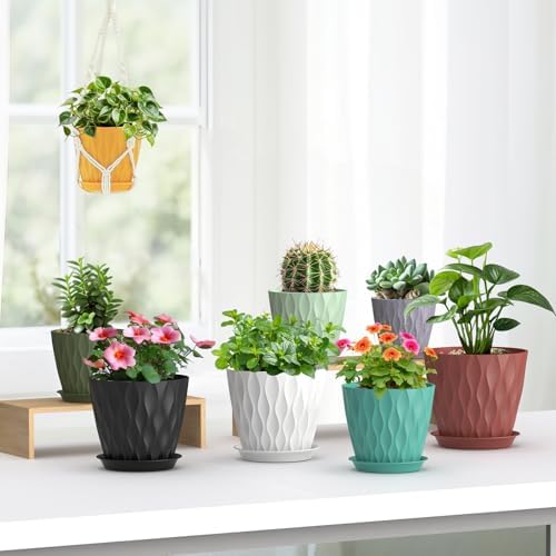 Meowell 7/6.5/6/5.5/5/4.5/4 inch Plant Pots for Indoor Outdoor Plants, 7 Pack Thick Flower Pots with Drainage Holes and Saucers, Modern Wave Texture Plastic Planter Pots for Nursery, Succulent, Black - Image 4