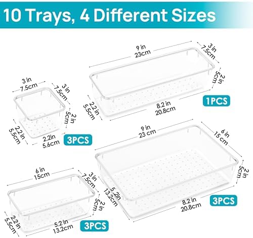Vtopmart 10 Pack Clear Drawer Organizer Bins, 4 Sizes Makeup Storage Trays - Image 6