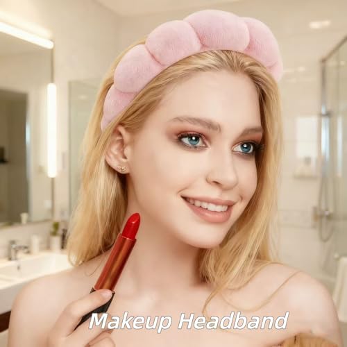 7 Pcs Spa Set, Facial Headband and Wristband Set, Skincare Accessories, College Style Girl Idea Gifts, Hair Accessories for Women and Girls (Pink) - Image 3
