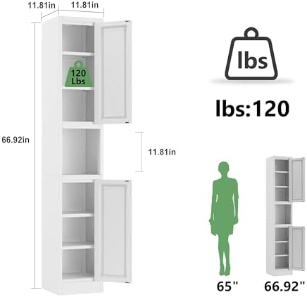 Ckzbx Tall Narrow Storage Cabinet 66.93" H Tall Bathroom Cabinets Metal Pantry Cabinet, 4 Adjustable Shelves for Kitchen, Home Office, Living Room, Dinning Room (12 inches Wide White) - Image 3