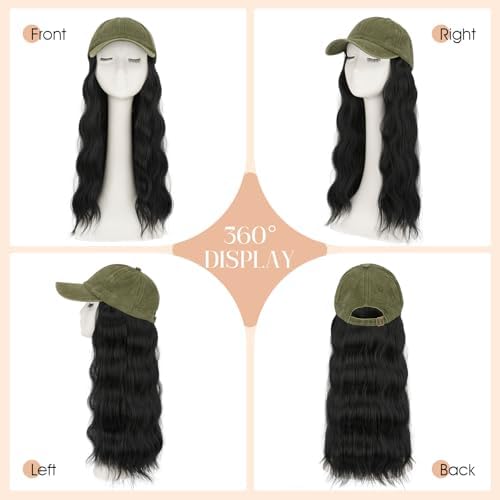 Rich Choices Hat Wigs for Women,Olive Green Baseball Cap with Hair Extensions for Women,Caps with Wavy Curly Synthetic Long Hair Attached Adjustable Baseball Cap Wig 18 Inch Black Hair - Image 5