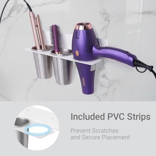Hair Tool Organizer Wall Mount, Stainless Steel Hair Tool Holder with 2 Heat-Resistant Cups, Curling Iron Holder for Vanity, Hot Tools Organizer with PVC Ring,Hair Dryer Holder for Bathroom, BANJEKT - Image 3