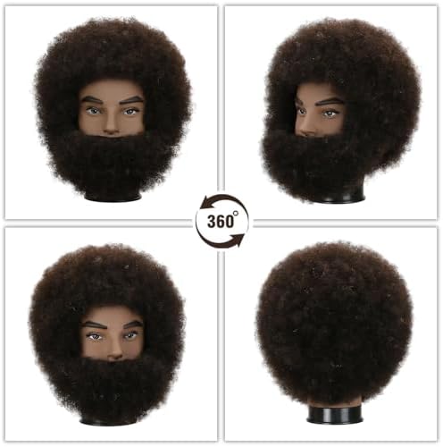Afro Kinky Curly Human Hair Mannequin Head with Beard - 100% Real Hair for Braiding Practice, Cornrow, Styling, Cutting & Coloring - Professional Cosmetology Training Head for Salon & Student - Image 2