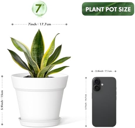 WSMKSZ 7 Inch Thick Plastic Plant Pots with Drainage Holes and Trays – 6 Pack Nursery Pots for Indoor & Outdoor House Plants, Seedling Starter Planters for Garden Flowers, White - Image 3