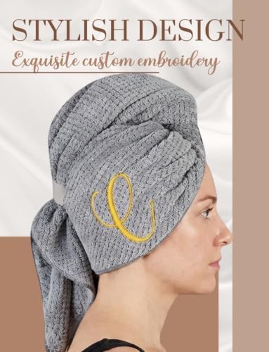 InnoBeta Large Hair Towel for Women, Microfiber Hair Wrap, Gray, Initial M - Image 3