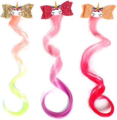 6-Colors Unicorn Hair Bows Clips Hair Accessories For Girls Kids Glitter Braided Curly Gradient Color Wig Hair Extensions（6PCS) - Image 5