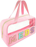 Bunliuys Chenille Letter Clear Makeup Bag Meds Patch, Travel Toiletry Makeup Bag with Handle, Nylon Waterproof Makeup Bags clear cosmetic bag, preppy patch makeup bag for Women (MEDS-Pink) by Bunliuys