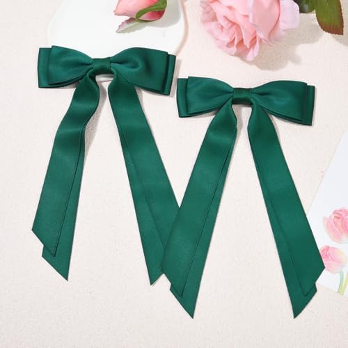 2PCS Green Hair Bows, Large Ribbon Bow Hair Clips for Girls Women Cute Ponytail Holder Accessories for Toddlers Kids Teens - Image 2
