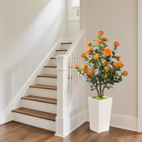 Romantic Season 4FT Artificial Camellia Tree with White Tall Planter, Orange Faux Camellia Plant Flower Tree for Modern Home Office Living Room Floor Décor Outdoor Indoor，Orange - Image 6