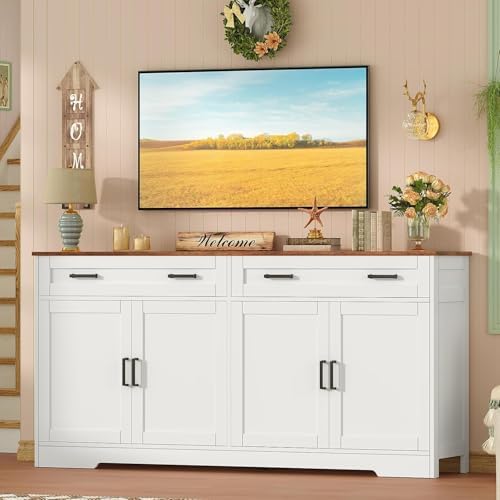 usikey 55" Buffet Cabinet with Storage and Drawers, Large Sideboard Buffet Cabinet with Adjustable Shelves and Doors, Modern Coffee Bar for Kitchen, Living Room, White - Image 4