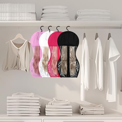 FYSUIMU 12Pcs Wig Storage Bag with Hanger Hair Extension Storage Dust Proof Portable Wig Organizer for Multiple Wigs Travel Home Closet (White, Black, Pink, Hot Pink) - Image 7