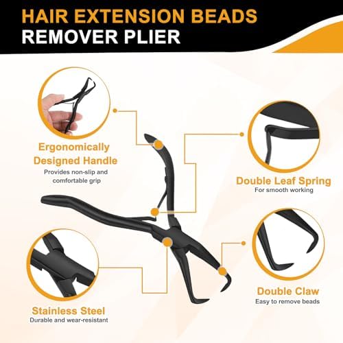 HARFINGTON Hair Extension Beading Tool Kit Stainless Steel Hair Extensions Micro Link Bead Closer and Remover Pliers Micro Ring Loop Needle Pulling Hook and Cutting Scissors, Black - Image 5