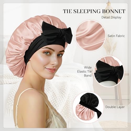 Silk Bonnet for Sleeping Satin Hair Bonnet Double Layer Adjustable Sleep Cap with Elastic Tie Band - Image 4