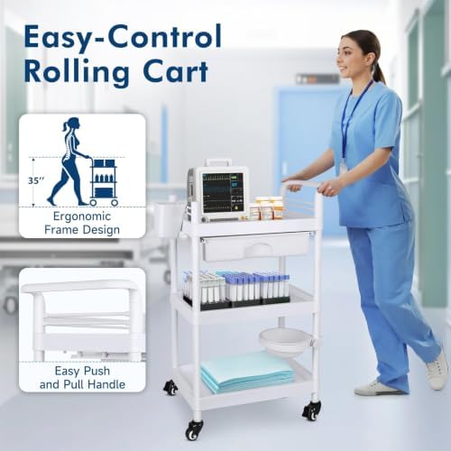 Medical Carts with Wheels 3-Tier Mobile Trolley Cart 100 LBS Max Load Medical Rolling Utility Cart with Drawers Dirt Basin Storage Buckets for Hospital Dental Clinic Lab Salon Home - Image 4