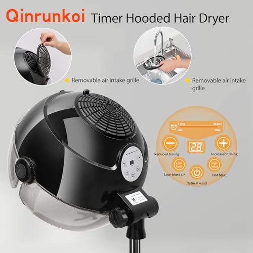 Hooded Hair Dryer, Standing Hair Dryer on Wheels, Sit Under Dryer with 3 Temperature Settings, for Salon, Spa or at Home Use Black - Image 4