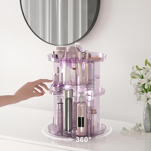 Rotating Makeup Organizer, DIY 8 Adjustable Layers Spinning Skincare Storage, Cosmetic Display Case with Brush Holder and Perfume Tray, Multi-Function Vanity Bathroom Countertop Organizer Clear Purple - Image 4
