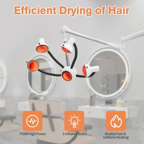 Wall Mounted Hair Dryer with Infrared Heat Bulbs, 5 Heads Multifunctional Salon Hair Color Processor Accelerator Heater Lamp, 750W Professional Infrared Hair Treatment Perm Machine (White+Black) - Image 2