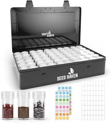 Seed Organizer Storage Box, Black Opaque Light Proof Seed Bank with 60 Transparent Bottles & Labels, Seed Holder Packet Organizer, Seed Vault Container for Homesteaders, Garden Tackle and Bead Sorter by CraftSaints