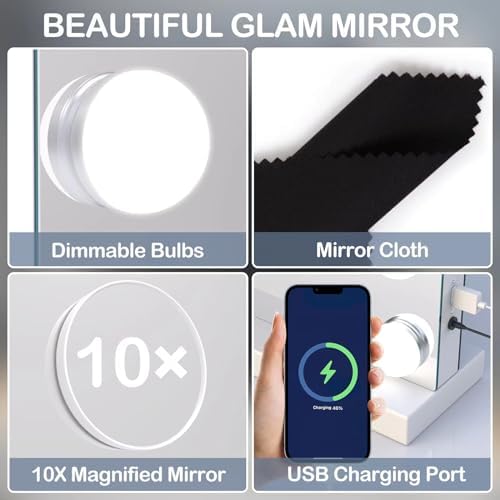 Gvnkvn Vanity Mirror with Lights Lighted Makeup Mirror with 15 Dimmable LED Bulbs,3 Color Lighting Modes,USB Charging Port Touch Control,Sturdy Metal Frame Design 24x18 Inch,White - Image 4