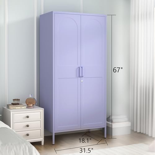Lockable Metal Armoire Wardrobe Closet, 67 Inch Steel Clothing Storage Cabinet, Hanging Rod and Adjustable Shelves, Purple 2 Door Storage Cabinet for Bedroom Cloak Room Office Gym - Image 3