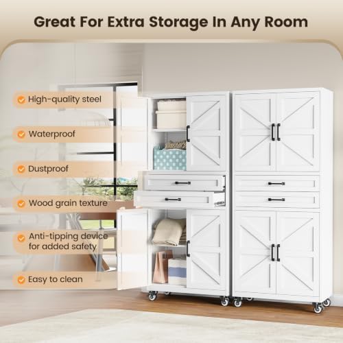 Yizosh 73" White Mobile Metal Kitchen Pantry Storage Cabinet with 2 Drawers - Image 6