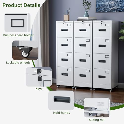 Aobabo 4 Drawer Metal File Cabinet with Lock and Wheels, White - Image 3