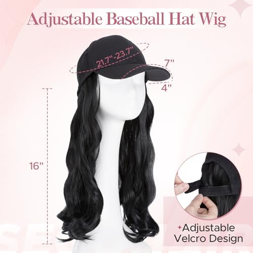 SEGO Baseball Cap with Hair Extensions for Women Heat Resistant Synthetic 16" Adjustable Long Wavy Hairpiece Replacement Wigs in Black Hat for Girls 1A Black - Image 3