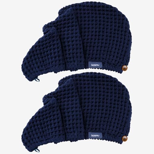 Luxury Organic Japanese Cotton Hair Drying Waffle Towel Wrap for Women | Absorbent, Quick-Dry Head Turban for Shower, Sauna, Spa | Extra Large for Long, Curly, Straight Hair With Button (Blue, 2 Pc) by KOSMU