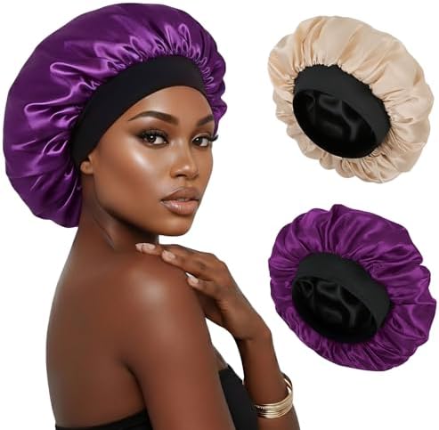 2PCS Double Layer Adjustable Satin Bonnets for Sleeping Women（Gold+Purple） by XRACEPHOL