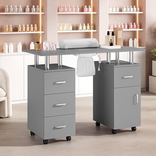 Manicure Table for Nail Tech, Nail Desk Table Station with Electric Dust Collector Side Cabinet 4 Drawers and Wrist Rest, Beauty Salon Nail Supplies Decor Workstation, Grey - Image 3