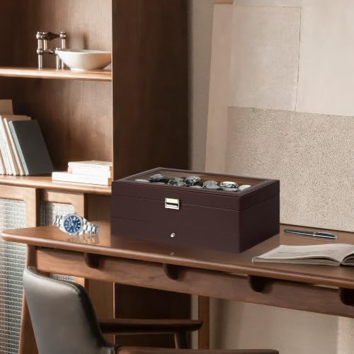 Kukikan Mens Watch Box Jewelry Organizer,12-Slot 2-Layer Watch Case -Brown - Image 5