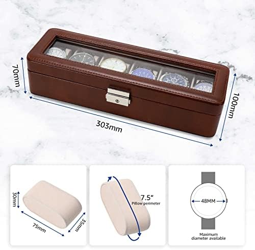Watch Box for Men, 6 Slot PU Leather Watch Organizer with Glass Lid and Lock, Display Storage Case for Watches, Bracelets & Jewelry, Brown Gift Case Brown - Image 4
