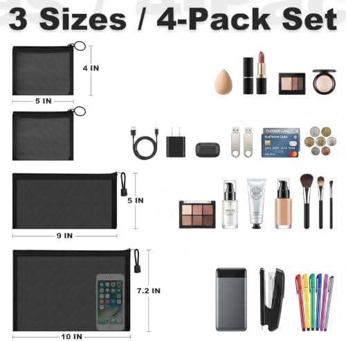 Mesh Bags with Zipper Set (4 Packs), Nylon Makeup Bag Cosmetic Pouches Travel Organizer Case for Purse Diaper Bag Home Organizing Black 2*Mini/1*Medium/1*Large - Image 2