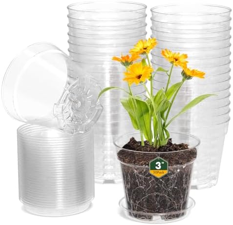 WSMKSZ 3 Inch Clear Nursery Pots, 30 Pack Highly Transparent Plastic Seedling Starter Planters with Drainage Holes and Trays for Flowers, Small Plant Pots for Indoor Plants by WSMKSZ