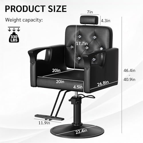 Barber Chair for Hair Stylists, Hydraulic Styling Chair with Heavy Duty Pump, 360° Swivel Barber Chairs with Reclining, Adjustable Headrest, Beauty Salon Equipment, 330 Lbs - Image 3