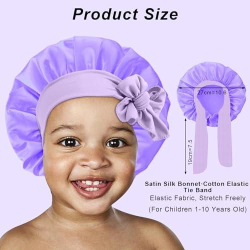 3Pcs Kids Silk Satin Bonnet for Sleeping - Baby Hair Sleep Bonnet,Kids Bonnets for Girls Toddler Child with Wide Elastic Tie Band,Night Cap Hats for Curly Natural Hair(Purple+Blue+Gold) - Image 2