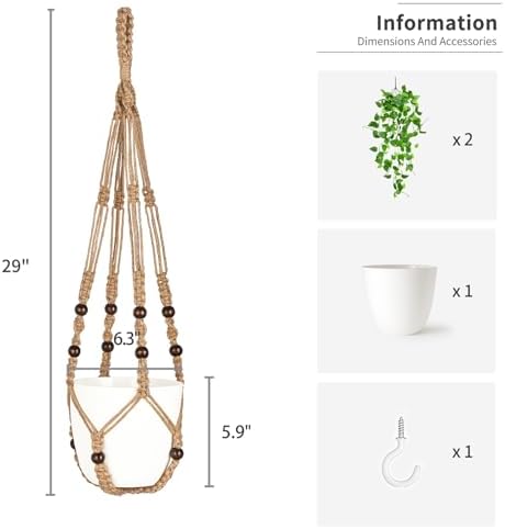Mkono Fake Hanging Plant, Macrame Hanger with Pothos Vines & Pot, Brown - Image 6