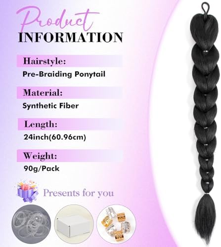 Getgal 24 inch Braids Ponytail Hair, Black (1B) - Image 2