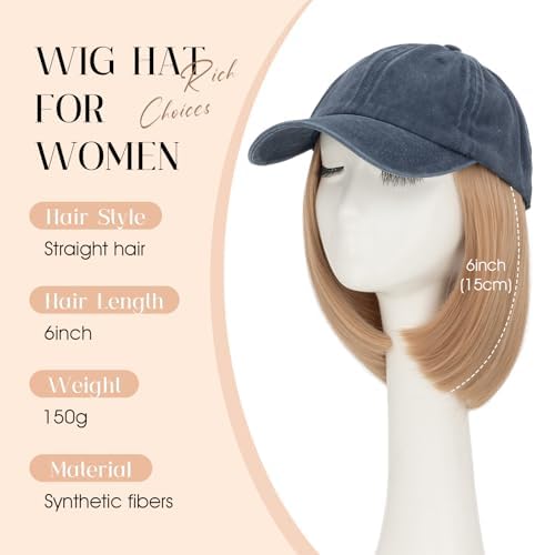 Rich Choices Hat Wigs for Women,Denim Blue Baseball Cap with Hair Extensions for Women,Short Bob Hairstyle Caps with Synthetic Hair Attached Adjustable Baseball Cap Wig 6 Inch Light Blonde Hair - Image 2