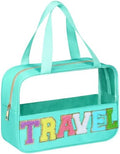 BuyCard Chenille Letter Patch Clear Travel Bags, Preppy PVC&Nylon Makeup Bag with Handle and Zipper, Waterproof Large Clear Travel Toiletry Bag Storage Bag for Women Girls(Blue-Green) by BuyCard