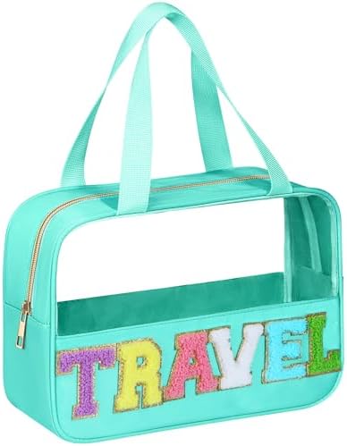 BuyCard Chenille Letter Patch Clear Travel Bags, Preppy PVC&Nylon Makeup Bag with Handle and Zipper, Waterproof Large Clear Travel Toiletry Bag Storage Bag for Women Girls(Blue-Green) by BuyCard