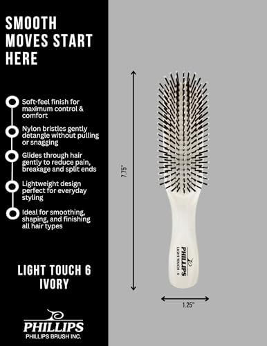 Phillips Brush Light Touch 6 Detangling Hair Brush, Full Size Ivory White - Image 5