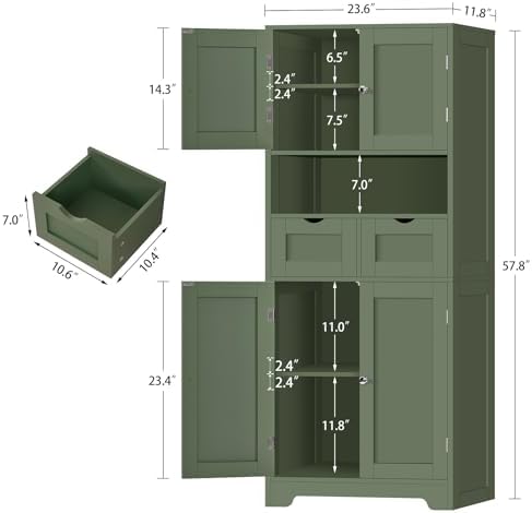 Iwell 58" H Tall Bathroom Storage Cabinet with 2 Drawers & 2 Adjustable Shelves, Bathroom Cabinet with 4 Doors, Tall Cabinet for Living Room, Dining Room, Entryway, Forest Green - Image 3