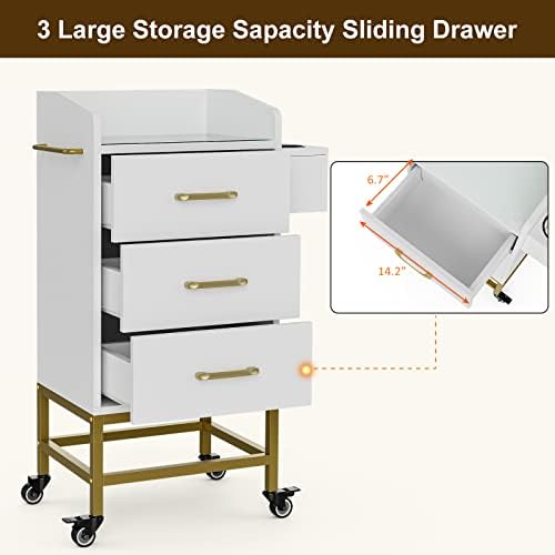 Paddie Beauty Salon Storage Trolley Cart, Glass Top Hair Station Cabinet with Dryer Holder, Lockable Rolling Wheels, Drawer - White - Image 4