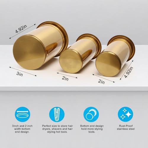 3-Inch 1PCS and 2-Inch 2PCS Hot Tool Holder Canister Package, Blow Dryer & Curling Iron Holder Tube, Closed Bottom Heat-Resistant Stainless Steel Hair Dryer Organizer for Salon & Home ( Gold) - Image 2