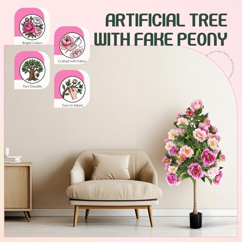 Thiccywoov 2 Pack,Pink 4FT Artificial Peony Flower Tree Lifelike Fake Plant - Image 6